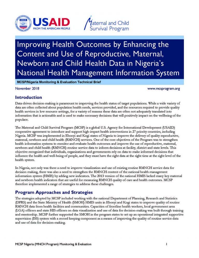 Improving Health Outcomes by Enhancing the Content and Use of RMNCH ...